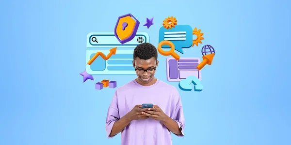 Afrikansk Man Skriva Smartphone Olika Färgglada Webbikoner Med Lås Sköld — Stockfoto