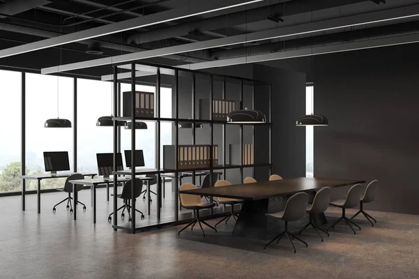 Dunkles Business Interieur Mit Coworking Und Besprechungsecke Stühlen Und Board — Stockfoto