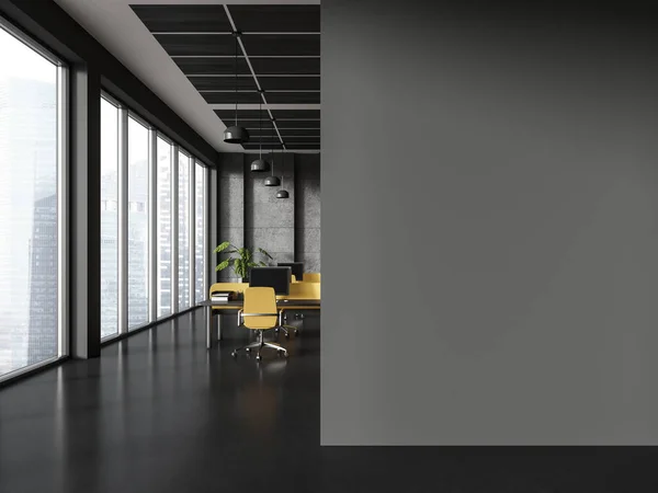 Dark Stylish Coworking Interior Armchairs Desk Monitors Row Panoramic Window — Stock Photo, Image