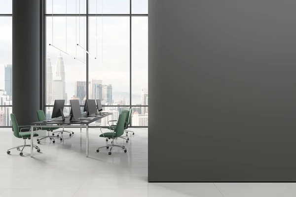 Interior Stylish Open Space Office Gray Walls Columns Panoramic Window — Stock Photo, Image