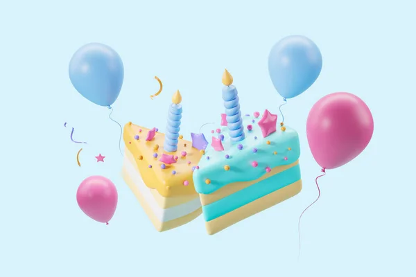 キャンドルとケーキでケーキの漫画作品 ピンクとブルーの風船を飛ぶ 誕生日 お祝い イベントのコンセプト 3Dレンダリングイラスト — ストック写真
