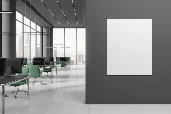 Σκούρο Coworking Εσωτερικό Πολυθρόνες Γραφείο Υπολογιστή Λευκό Πλακάκι Τσιμεντένιο Δάπεδο — Φωτογραφία Αρχείου