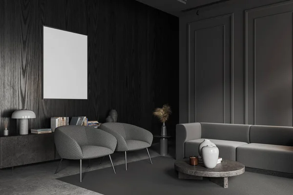时尚客厅角落 有灰色和深色的木制墙壁 圆形咖啡桌 舒适的灰色沙发和两张扶手椅 上面挂着垂直的模拟海报 3D渲染 — 图库照片