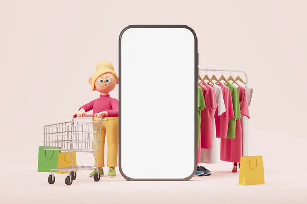 View of cartoon woman with shopping cart and clothing rack standing near smartphone with mock up screen. Concept of online shopping app and e-commerce. 3d rendering