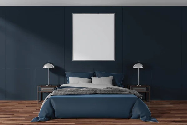 Blå Hemmabädd Och Nattduksbord Med Dekoration Kudde Och Sänglinne Sovrum — Stockfoto