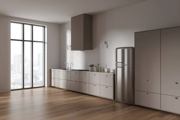 Corner Modern Kitchen White Walls Wooden Floor Beige Cabinets Built — Stock Photo, Image