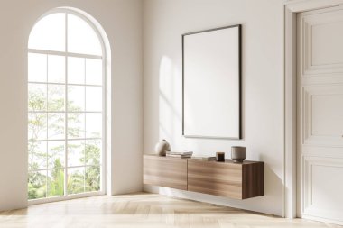 Parlak oturma odasının iç tarafında boş beyaz poster, kırsal manzaralı panoramik pencere, kapılar, beyaz duvar, ahşap zemin, halı. Minimalist tasarım kavramı. 3d oluşturma