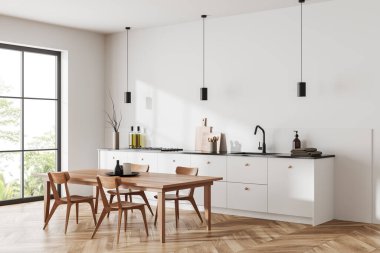 Yemek masası ve sandalyelerle dolu beyaz mutfak, ahşap zemin üzerinde mutfak gereçleri olan yan manzara dolabı. Panoramik pencereli yemek köşesi. 3B görüntüleme