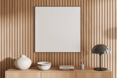 Ahşap oturma odasının içinde büfe, minimalist dekorasyon, vazo, kitaplar ve lamba var. Tuvalin kare posterini düzenle. 3B görüntüleme