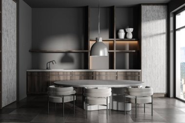 Kahverengi beton döşeme üzerinde yemek masası ve koltukları olan karanlık bir mutfak. New York gökdelenlerinde toplantı alanı ve panoramik pencere. 3B görüntüleme