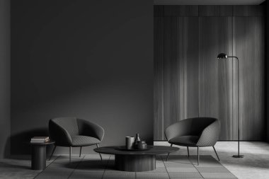 İçi koyu renk oturma odası iki koltuk ve dekorlu kahve masası gri beton zeminde halı. Kopya uzay duvarı. 3B görüntüleme