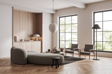 Oturma odasının iç tarafında kanepe ve iki koltuk var. Tropik manzarada panoramik pencere. Şifonyer ve sanat dekorasyonlu toplantı alanı. 3B görüntüleme