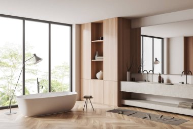 Parlak banyo manzarası, banyo küveti, panoramik pencere kırsal manzarası, beyaz duvarlar, gardırop, meşe ağacından ahşap döşeme, ayna ve lavabo, havluyla tabure. 3d oluşturma