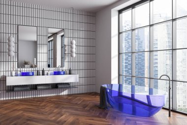 Küveti, yan manzarası, çift lavabosu ve ahşap zemini olan modern bir stüdyo. Singapur şehir manzarasında panoramik pencere. 3B görüntüleme