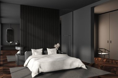 Karanlık yatak odasının iç tarafında yatak odası, yatağın kenarları, kemer, ayna, gri duvar, meşe ağacından ahşap zemin, koltuk. Minimalist tasarım kavramı. Yaratıcı fikir için yer var. 3d oluşturma