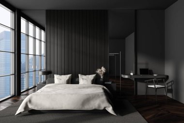 Karanlık yatak odasının içini yatak odası, dizüstü bilgisayarlı masa, yastıklar, gri duvar, meşe ağacından ahşap zemin, panoramik pencere. Minimalist tasarım kavramı. Yaratıcı fikir için yer var. 3d oluşturma
