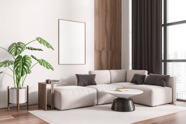Parlak oturma odasının içi boş beyaz poster, kanepe, kitaplı kahve masası, beyaz duvar, ahşap zemin, gökdelenli panoramik pencere. Minimalist tasarım kavramı. 3d oluşturma
