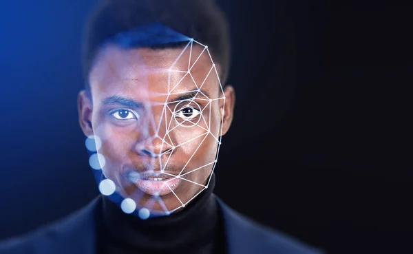 Black businessman portrait and digital biometric scanning hologram, face detection and recognition. Concept of face id and artificial intelligence.