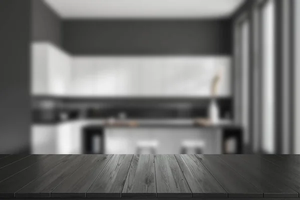 パノラマウィンドウ付きスタイリッシュなキッチンインテリアの背景にダークカウンター 製品ディスプレイ用のモックアップコピースペース 3Dレンダリング — ストック写真