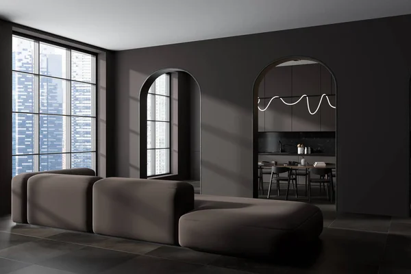 Mørk Studio Interiør Med Chill Zone Sofa Sideudsigt Bue Døråbning - Stock-foto