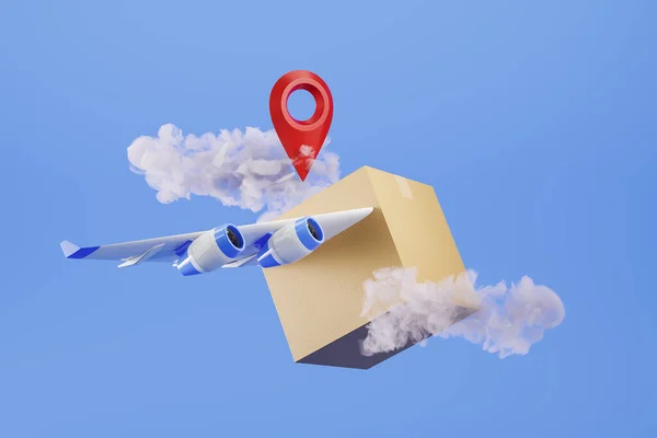 Lepenková Krabice Křídly Letadla Červená Mapa Pin Modrém Pozadí Pojem — Stock fotografie