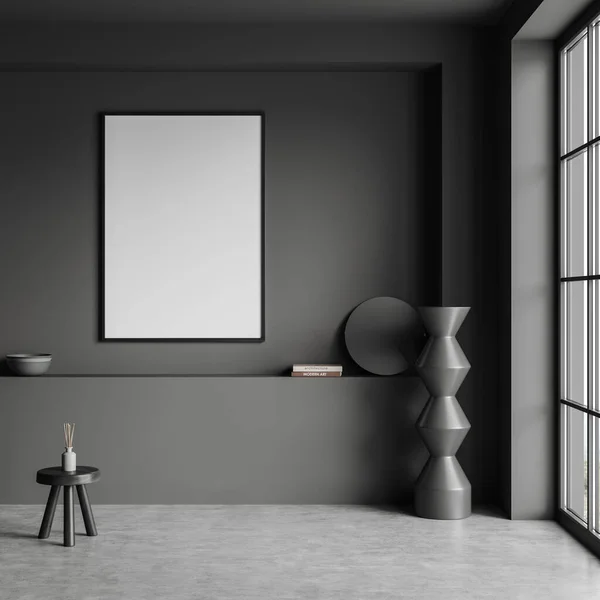 Salon Sombre Intérieur Avec Étagère Décoration Minimaliste Fenêtre Panoramique Sur — Photo