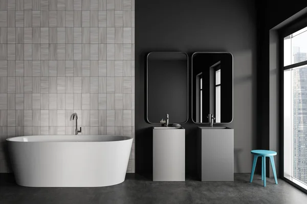 Stilvolles Badezimmer Mit Badewanne Doppelwaschbecken Und Panoramafenster Auf Wolkenkratzer Badezimmer — Stockfoto