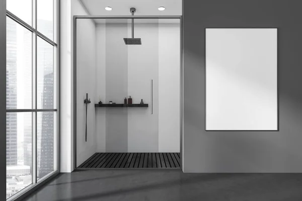 Dunkles Badezimmer Mit Dusche Hinter Glastüren Panoramafenster Auf Die Wolkenkratzer — Stockfoto