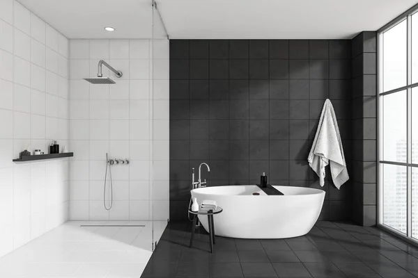 Frontansicht Auf Dunkle Badezimmereinrichtung Mit Badewanne Dusche Weißen Und Grauen — Stockfoto