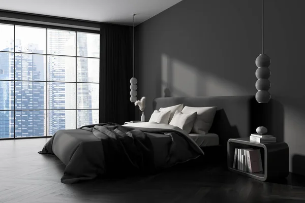Eckblick Auf Dunkle Schlafzimmerausstattung Mit Bett Panoramafenster Nachttischen Kissen Grauer — Stockfoto