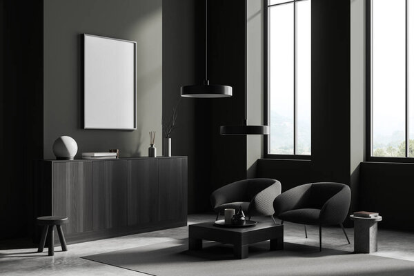 Темная гостиная с двумя креслами и ящиком, вид сбоку, ковер на сером бетонном полу. Панорамное окно в сельской местности. Нарисуй плакат на холсте. 3D рендеринг