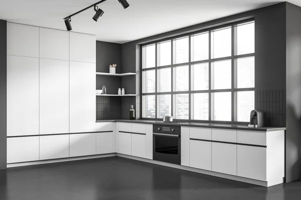 Siyah Beyaz Mutfak Lavabo Soba Modern Mutfak Gereçleri Gökdelenlerde Panoramik — Stok fotoğraf