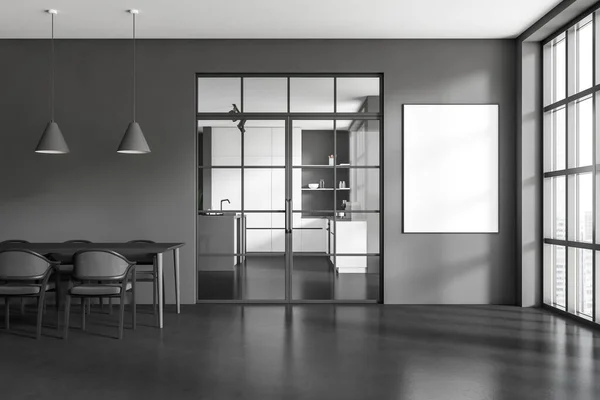 Interiér Temné Kuchyně Prázdným Bílým Plakátem Panoramatické Okno Výhledem Mrakodrap — Stock fotografie