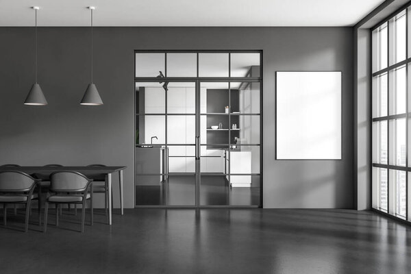 Dark kitchen room interior with empty white poster, panoramic window with Singapore skyscraper view, grey wall, concrete floor, dining table, chairs, glass door. Minimalist design. 3d rendering
