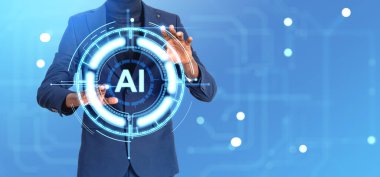 Afrikalı işadamı elleri yapay zekanın parlayan çemberine, dijital bağlantı hatlarına dokunuyor. Yapay zeka, makine öğrenme ve robot iletişimi kavramı