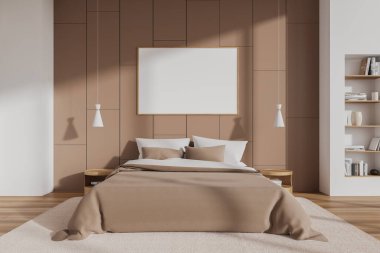 Ev yatak odası iç yatak ve dekorasyonlu raf, ahşap döşemeli halı. Sakin ol ve bej duvarda tuval posteri olan bir uyku odası bul. 3B görüntüleme