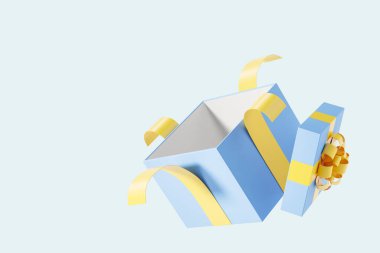 Büyük mavi ve sarı hediye kutusu, boş mavi arkaplanı kopyala. Doğum günü hediyesi, hediye, yıldönümü ve parti kavramı. 3B resimleme