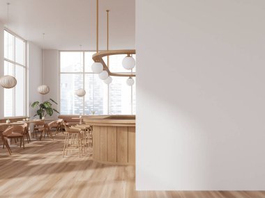 İçi sandalyelerle dolu beyaz bir restoran masası, taburesi ve ahşap zemini olan bir tezgah. Gökdelenlerde panoramik pencereli kafeterya yemek odası. Boşluk bölünmesini kopyala. 3B görüntüleme