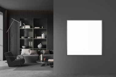 Karanlık ev oturma odasının içinde kanepe ve koltuk, rafta sanat dekorasyonu ve kitapları var. Rahatlatıcı bir yer ve halının üzerindeki kahve masası. Bölüme kare tuval posteri yap. 3B görüntüleme