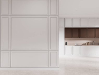 Beyaz ve kahverengi mutfak, lavabo, soba ve klasik dolap, kahve makineli mutfak gereçleri. Boş bölümleri kopyalayan bir yemek alanı oluşturuluyor. Uzayı kopyala 3B görüntüleme