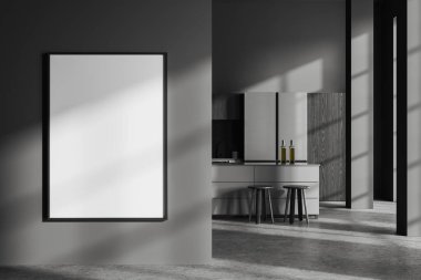 Gri duvarları, beton zemini, koyu ahşap dolapları, büyük buzdolabı ve sandalyeli gri barı olan şık bir çatı katı mutfağı. Solda dikey maket posteri var. 3d oluşturma