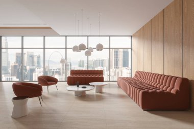 Modern ofis bekleme odasının içinde beyaz ve ahşap duvarlar, ahşap zemin, iki rahat kahverengi kanepe ve koltuklar ve beyaz kahve masaları. 3d oluşturma