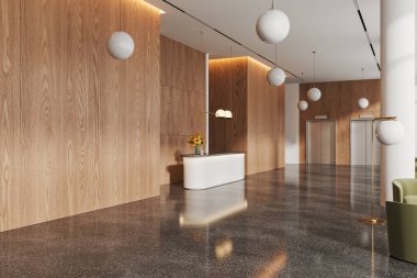 Beyaz ve ahşap duvarları, beton zemini, çiçekli rahat beyaz resepsiyon tezgahı, iki asansörü ve yeşil koltukları olan modern otel salonunun köşesi. 3d oluşturma