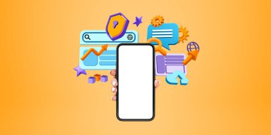 Kadın eli akıllı telefon ekranını gösteriyor, konuşma baloncuklu çeşitli renkli web simgeleri, internet arama çubuğu ile kilitlenme ve ayarlar. Mobil uygulama ve siber güvenlik kavramı