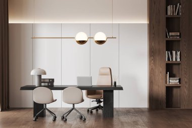 Çalışma masasında dizüstü bilgisayarı ve ahşap zeminde sandalyeleri olan samimi bir CEO. Minimalist mobilyaları, rafları ve kitapları olan modern danışma odası. 3B görüntüleme