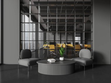 Gri ve cam duvarları, beton zemini, yuvarlak sehpanın yanında duran iki rahat gri koltuğu ve arka planda açık uzay ofisi olan şık ofis bekleme odasının içi. 3d oluşturma