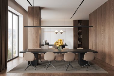 Beyaz ve ahşap duvarları, ahşap zemini, bej sandalyeleri ve kitaplığı olan devasa toplantı masası. 3d oluşturma