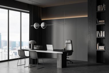 Ofisin içinde dizüstü bilgisayar, gri beton zeminde yan görüş koltukları var. Kuala Lumpur 'daki panoramik pencereli, raf ve dekorasyonlu danışmanlık köşesi. 3B görüntüleme