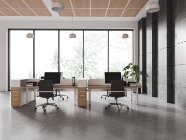 Beyaz ofis içi. Masasında bilgisayar monitörleri var. Çalışma alanı, gri beton zeminde sıra sıra. Mobilyalı ve panoramik pencereli minimalist çalışma alanı. 3B görüntüleme