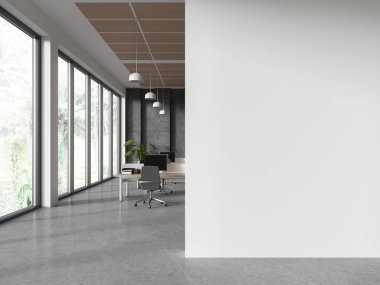 Koltuklar ve masa başında bilgisayar, tropik bölgelerde panoramik pencere olan samimi bir iş yeri. Modern ofis işyeri ve boş fotokopi duvarı. 3B görüntüleme